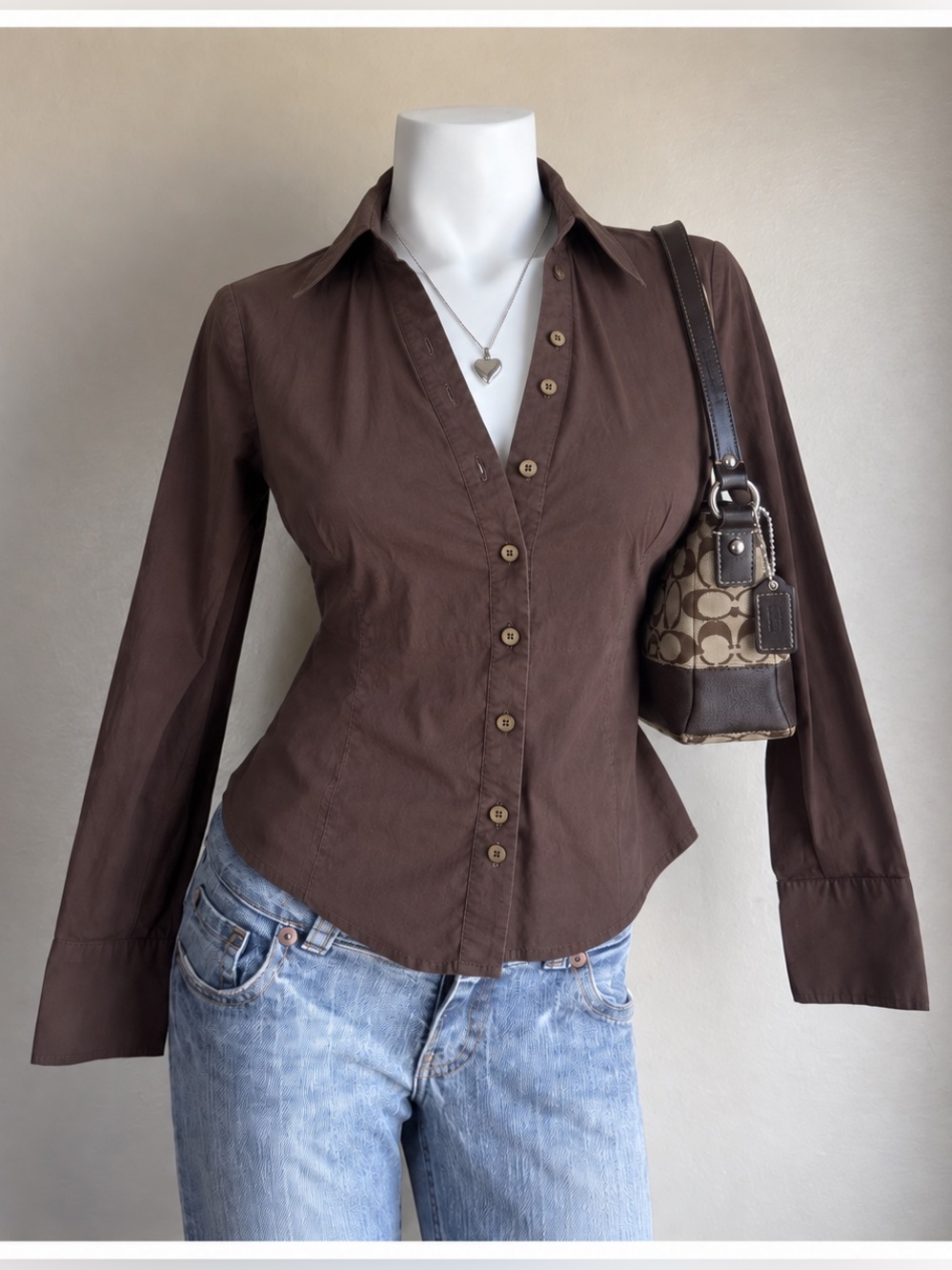 Express Vintage Chocolate Brown Button Up Shirt Blouse Y2K Top Womens Size 1/2